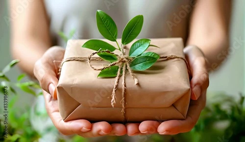 Hand holding gift box wrapped with green leaf