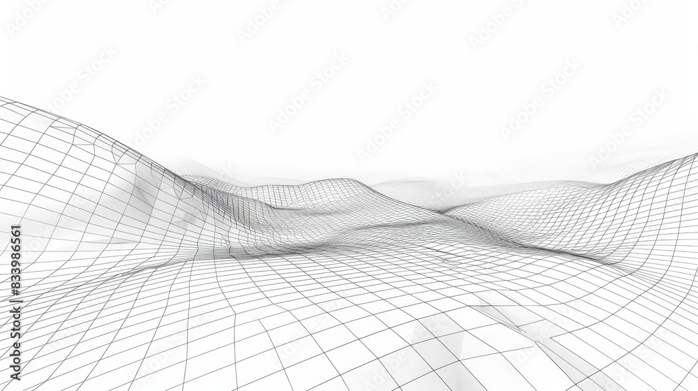 Technology wireframe landscape. Vector perspective grid. Digital space. Mesh on a white background.