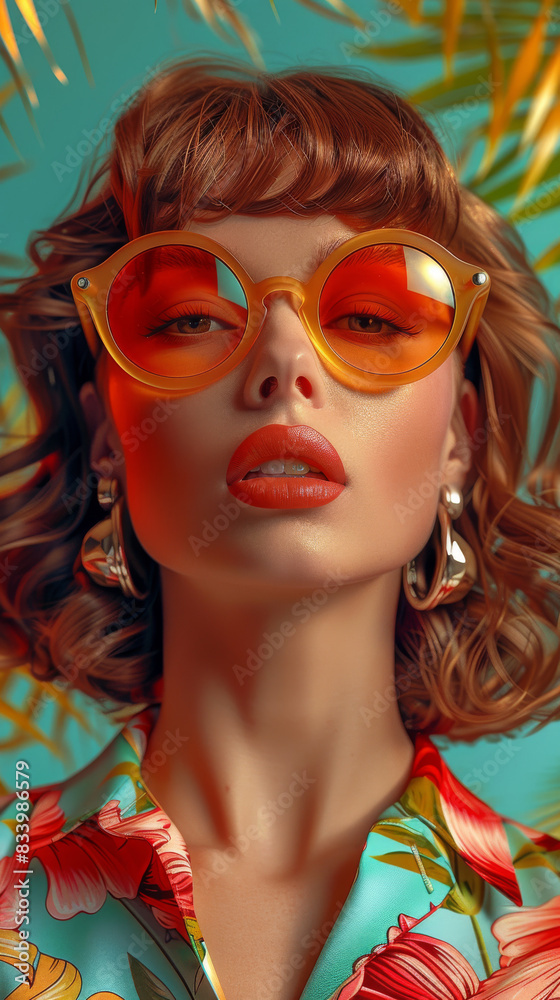Obraz premium Retro style pastel colors summer background. Fashion woman wearing big sunglasses.