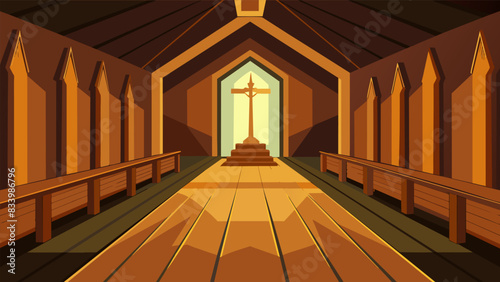 The polished wooden floor of the chapel reflects the hum of a persons whispered prayers the quiet space providing a sacred sanctuary for their. Vector illustration
