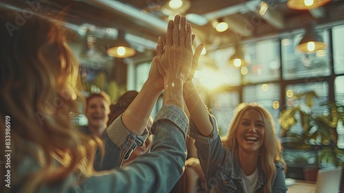 A triumphant high-five marks a moment of team synergy, capturing the energy and camaraderie of colleagues in an office environment, illuminated by natural light.