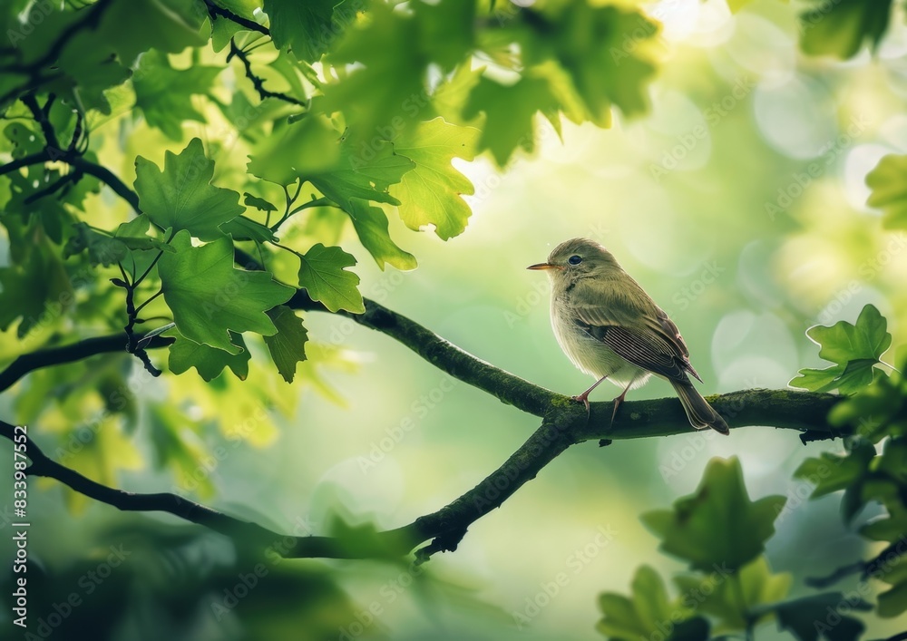 A bird perched on the branch of an oak tree, surrounded by lush green leaves Generative AI A bird perched on the branch of an oak tree, surrounded by lush green leaves Generative AI