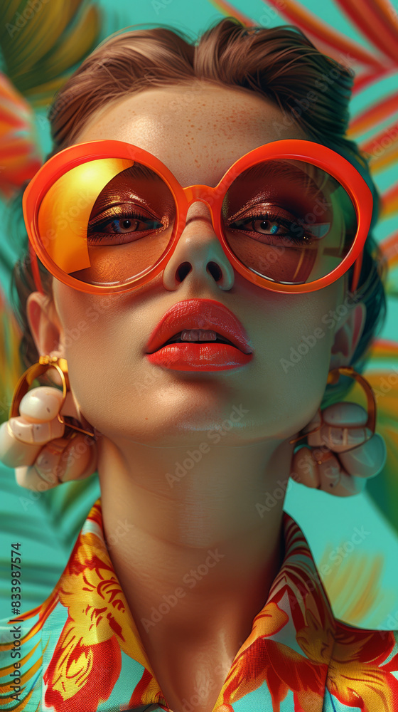 Fototapeta premium Retro style pastel colors summer background. Fashion woman wearing big sunglasses.