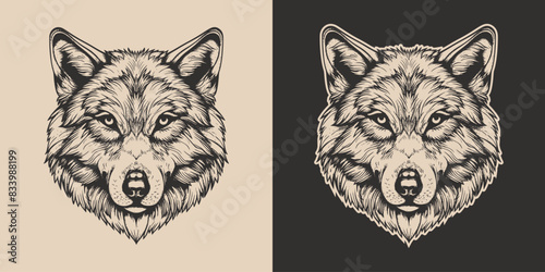 Vintage retro engraving woodcut style sketch draw paint of head face portrait wild animal wolf predator illustration