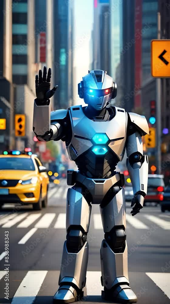 android robot policeman directing traffic in a busy urban intersection android robot policeman directing traffic in a busy urban intersection