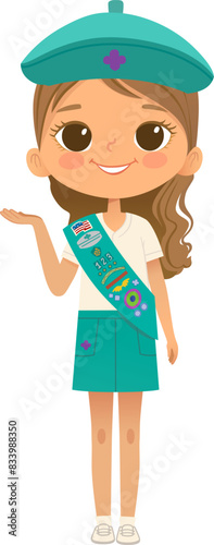 Young smiling girl scout wearing sash with badges isolated on white background. Female scouter, Junior ligue Scout Girls troop