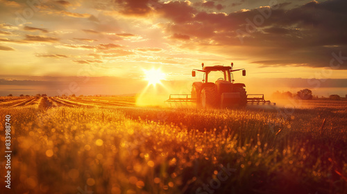 A tractor plowing a field at sunset, with golden sunlight creating a serene rural scene and highlighting agricultural activity. photo