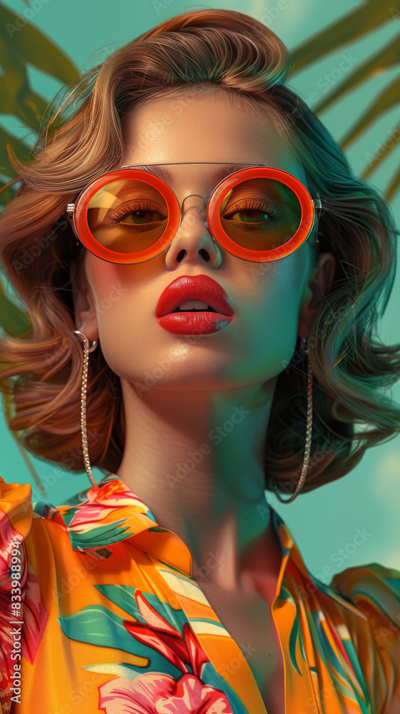 Obraz premium Retro style pastel colors summer background. Fashion woman wearing big sunglasses.