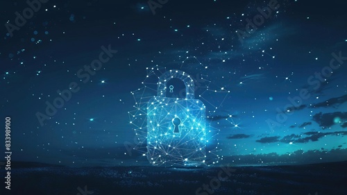 Digital lock padlock made of glowing dots representing cybersecurity and data protection in a night sky background.