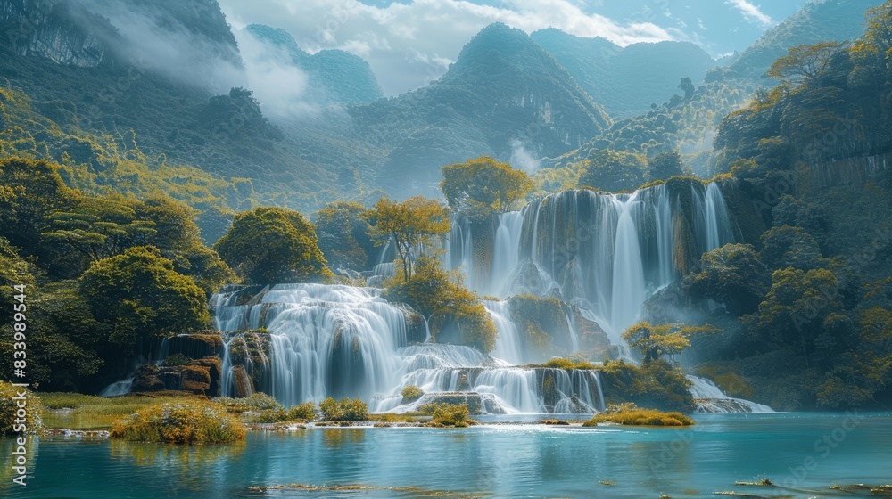 Fototapeta premium Ban Gioc waterfall in Cao Bang, Viet Nam - The waterfalls are located in an area of mature karst formations were the original limestone bedrock layers are being eroded 
