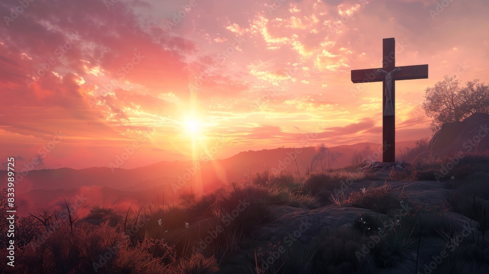 Cross on Hilltop at Vibrant Sunset
