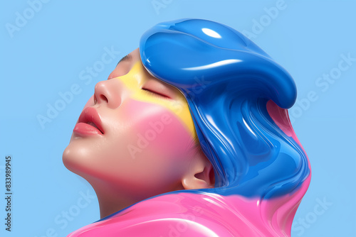 Woman covered in blue and pink paint against a light blue background. Abstract face for presentation of cosmetic procedures