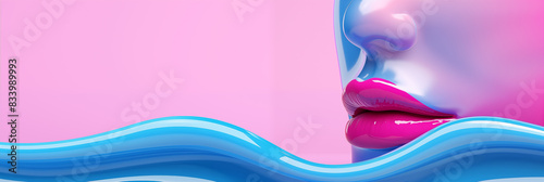 Stylized face against a multicolored gradient background. Partial view of a face, highlighting luscious lips and a sleek nose, all rendered in bold, iridescent colors modern and abstract design