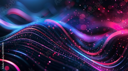 Vibrant abstract background with neon light waves and particles, perfect for technology and digital art concepts.