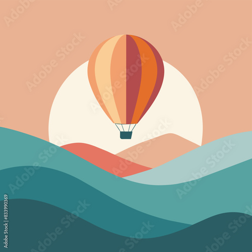 hot air balloon floating serenely against a backdrop of rolling hills and a setting sun