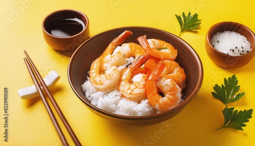 bowl of rice with shrimps and chopsticks