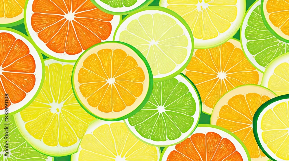Create an illustration of vibrant orange and lime slices arranged in a seamless pattern on the background Create an illustration of vibrant orange and lime slices arranged in a seamless pattern on the background