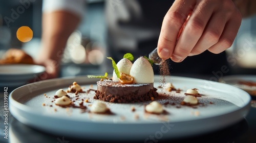 Homemade sweet desserts decorated with fruit on elegant plate at bakery. Elegant dessert decorated with berry fruit and sauce from fruit placed with separated background. Baked cake concept. AIG42. photo