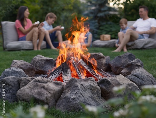 A family is gathered around a fire pit, with a man and a woman sitting on a couch and a child sitting on a pillow. The fire is burning brightly, and the family is enjoying a warm