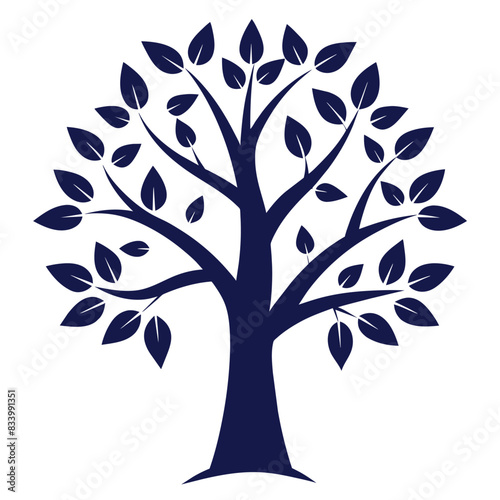 A navy blue tree with branches and leaves extending outwards on a white background.