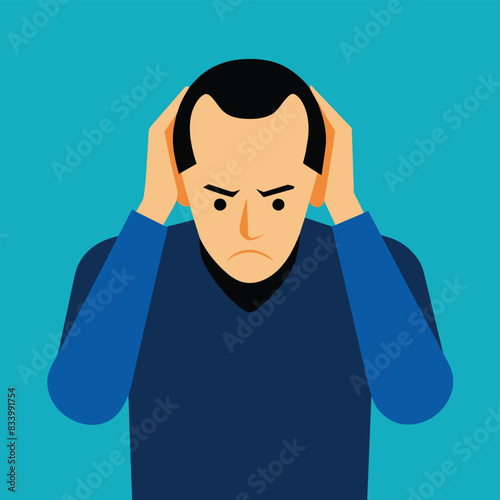 A man with a receding hairline holds his head in his hands.