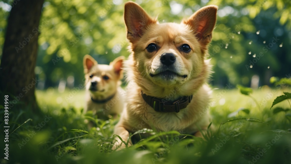 Playful Poochs Double Exposure Escapade in a Lush Green Park. Playful Poochs Double Exposure Escapade in a Lush Green Park.
