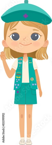 Young smiling blond girl scout wearing vest with badges isolated on white background. Female scouter, Junior ligue Scout Girls troop
