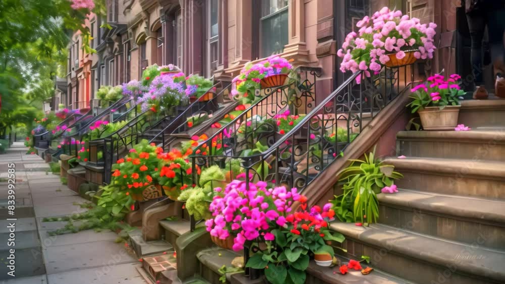 A bunch of flowers arranged on the steps of a brownstone building, A row of brownstones with stoops and hanging flower baskets A bunch of flowers arranged on the steps of a brownstone building, A row of brownstones with stoops and hanging flower baskets