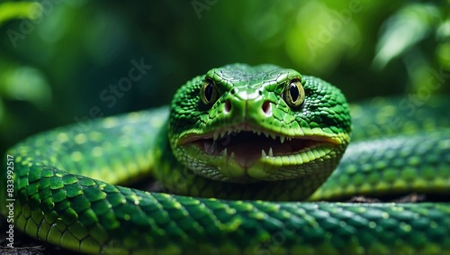 The original sin Green snake with mouth open on a green background.