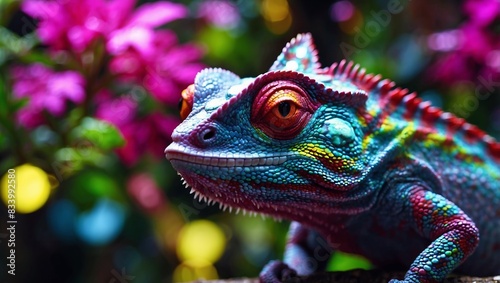 D Rendered Chameleon in a Vibrant Psychedelic Dream World.