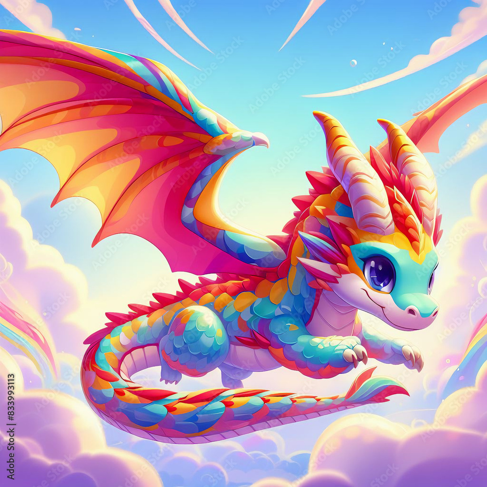 A colorful cute little dragon flying in the sky illustration digital art A colorful cute little dragon flying in the sky illustration digital art