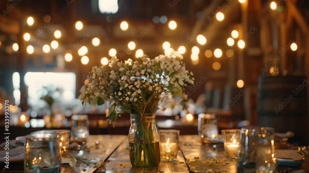 A wooden table topped with a vase filled with colorful flowers in a rustic setting, A rustic barn venue adorned with fairy lights and mason jar centerpieces A wooden table topped with a vase filled with colorful flowers in a rustic setting, A rustic barn venue adorned with fairy lights and mason jar centerpieces