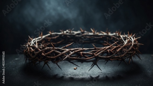 Crown of thorns on dark toned foggy background. photo