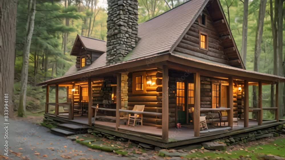 A log cabin nestled in the woods featuring a stone chimney on a sunny day, A rustic log cabin with a stone fireplace and wraparound porch A log cabin nestled in the woods featuring a stone chimney on a sunny day, A rustic log cabin with a stone fireplace and wraparound porch