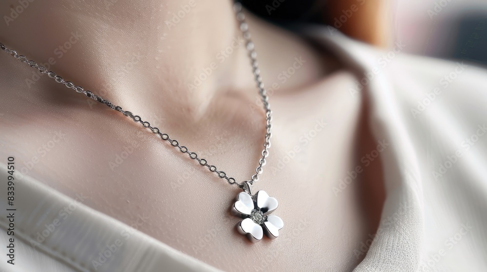 Women s Necklace Featuring Four Leaf Clover Design in Stainless Steel on a White Backdrop