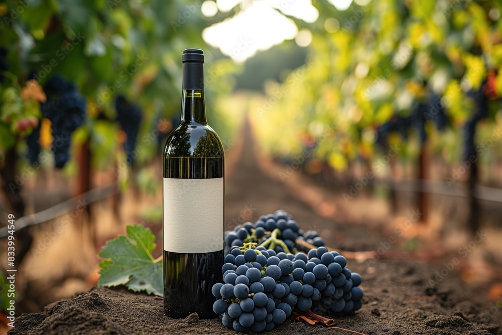 Fototapeta premium Wine bottle and grapes in vineyard at sunset