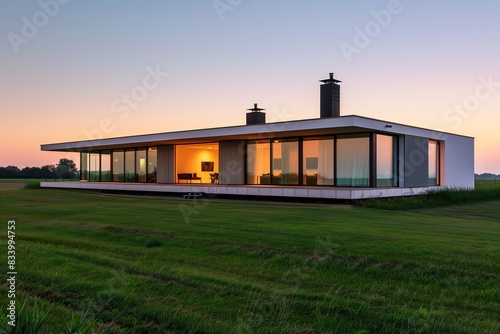 Modern countryside retreat at sunset with panoramic glass walls, surrounded by green fields.