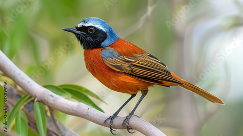 A vibrant blue and orange bird with black face, perched on the branch of an exotic tree © Florian