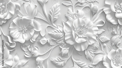 3D floral wallpaper design, repeat pattern, white color only photo