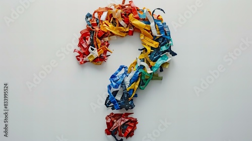 question mark made of colorful plastic waste, isolated on white, concept of environment pollution, microplastics and litter disposal