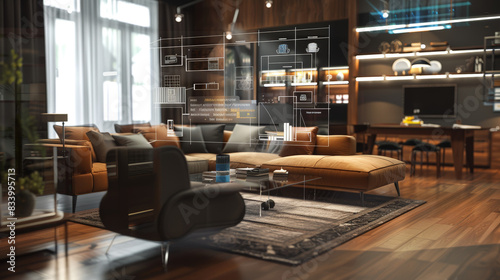 A stylish modern living room featuring a sofa, coffee table, and plants, with a digital blueprint overlay indicating smart home technology.
