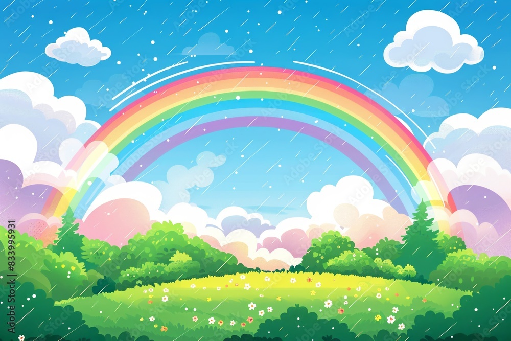 Bright rainbow arching over a green meadow after the rain Bright rainbow arching over a green meadow after the rain