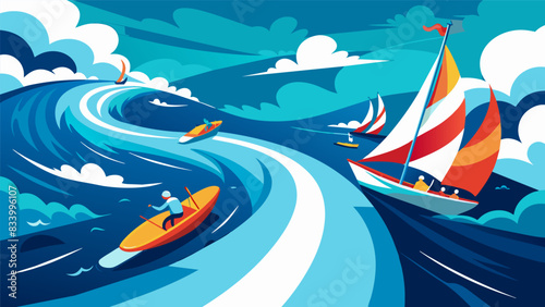 A virtual ocean race where you must endure highspeed winds and turbulent virtual waves while navigating your vessel to the finish line.. Vector illustration