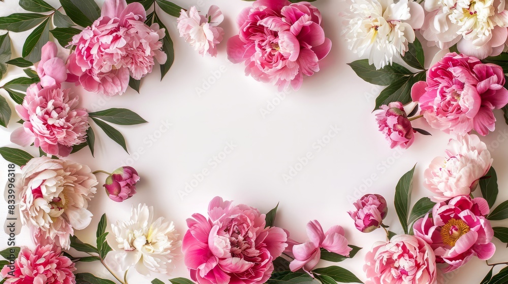 White frame on white background with peonies, flowers and leaves with copy space in the middle, generative AI White frame on white background with peonies, flowers and leaves with copy space in the middle, generative AI