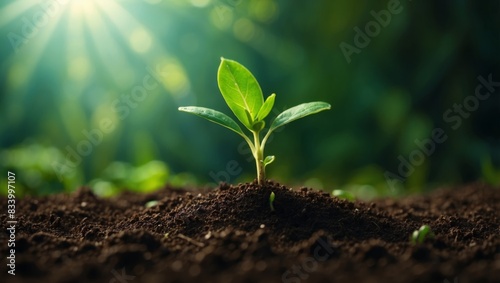 Green seedling in the shape of a cross in a fertile soil with rays of light illustrating concept of new life and growth.