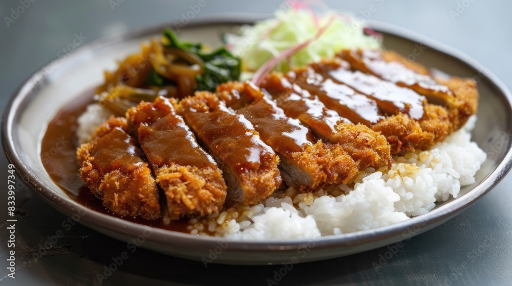 Fried pork cutlet with curry rice served on a plate Fried pork cutlet with curry rice served on a plate