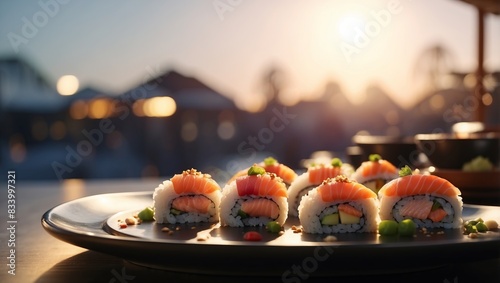 Minimalist JapaneseInspired D Rendered Meal Adorned with Metallic Sushi under Rising Sun Light on HighTech Background. photo