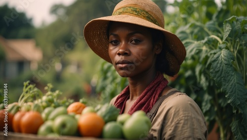 African woman farmer inspecting vegetables in the garden. photo
