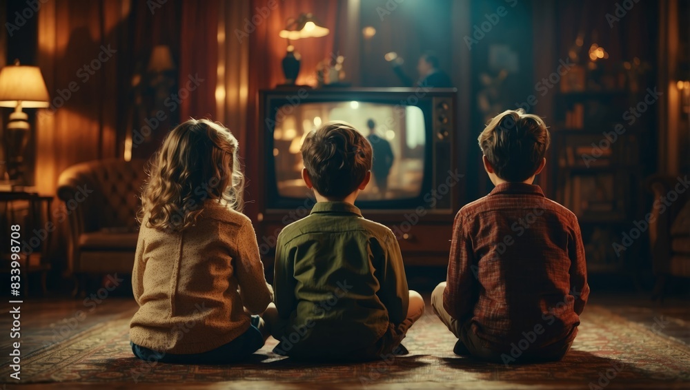 Family man, boy and girl sitting on a floor and watching retro television in an old style room, back view.