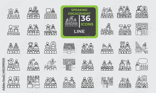 Set of 36 line icons related to speaking engagement, training, public speaking, public address, speech delivery etc. Outline icon collection. Editable stroke. Vector illustration